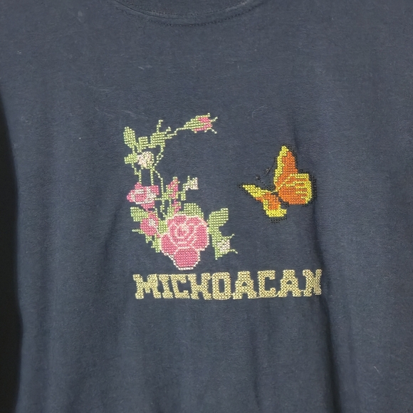 Michoacán Mexico Monarch Butterfly Rose Embroidered Textured Heavyweight Tee XL - Picture 3 of 12